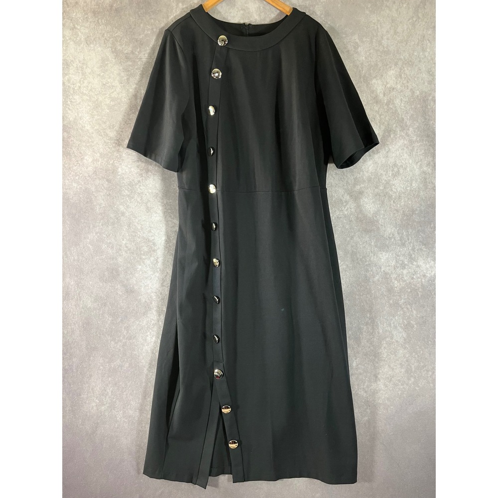 ELOQUII Asymmetrical Button Midi Dress Womens 22 Black Short Sleeve Crew Neck